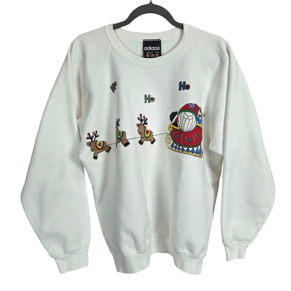 Adidas Sweatshirt Mens M White Santa Reindeer Christmas Graphic Vintage USA Cozy